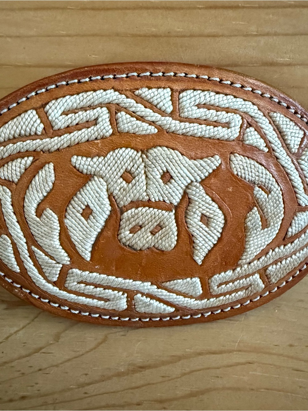 Vintage Handcrafted Belt Buckle Leather & Embroidered Bull Mexico South Western